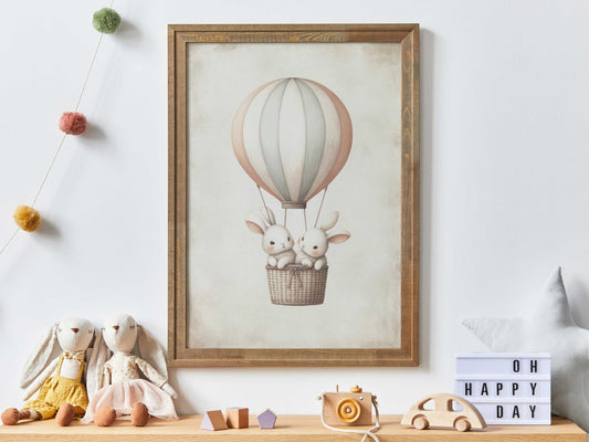 Hot Air Balloon Nursery Art, Cute Bunny Wall Decor, Baby Shower Gift - WildfieldPrints