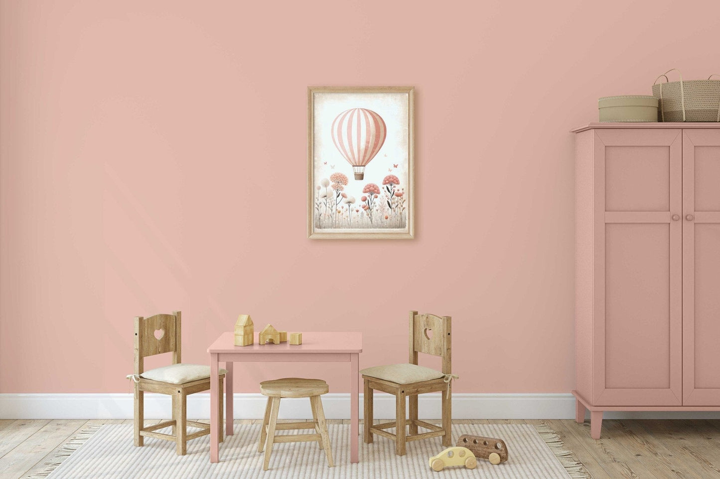 Hot Air Balloon Nursery Art, Pink Minimalist Room Decor, Vintage Design - WildfieldPrints