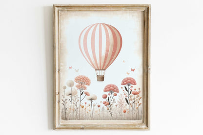 Hot Air Balloon Nursery Art, Pink Minimalist Room Decor, Vintage Design - WildfieldPrints
