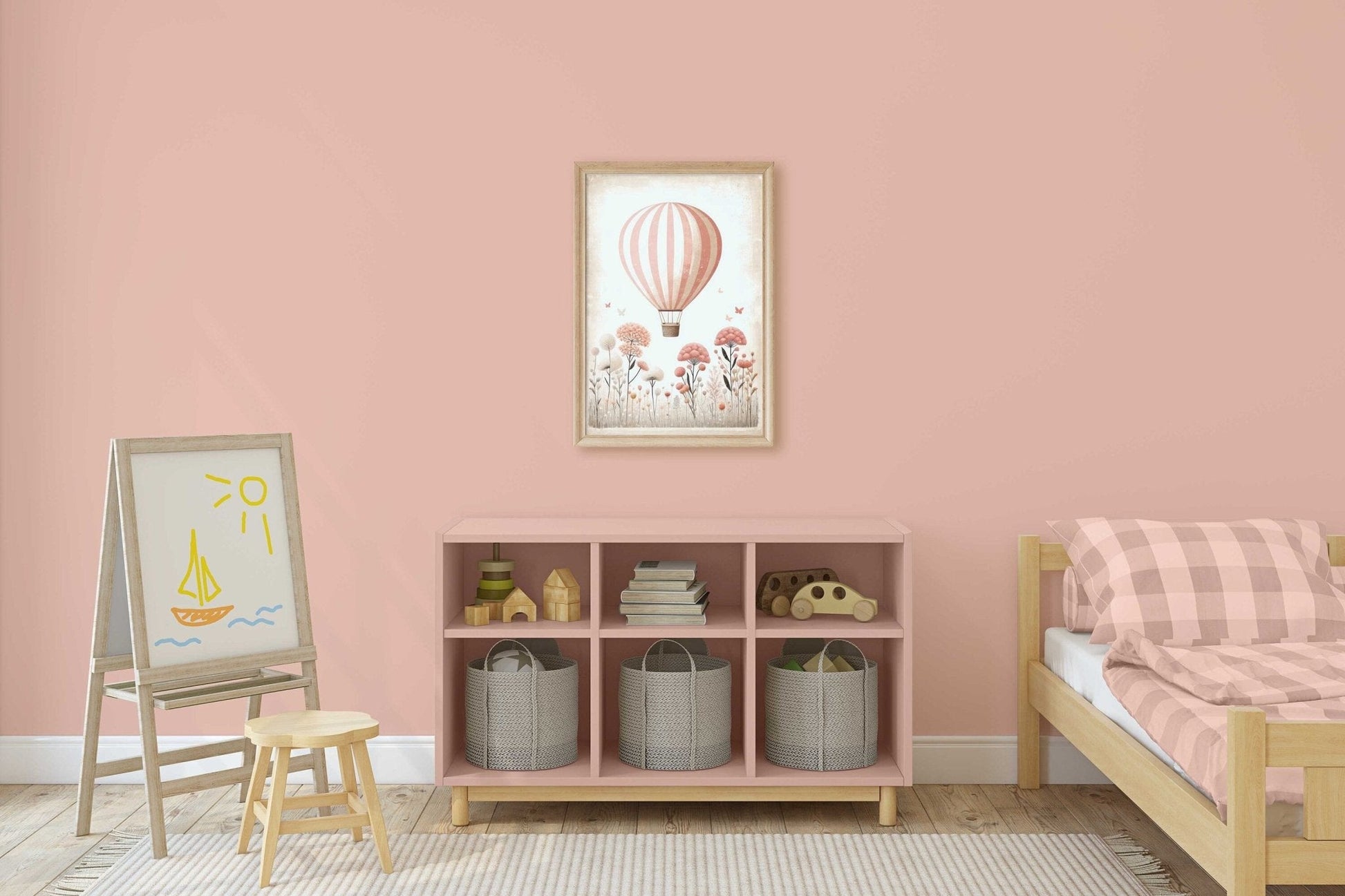 Hot Air Balloon Nursery Art, Pink Minimalist Room Decor, Vintage Design - WildfieldPrints