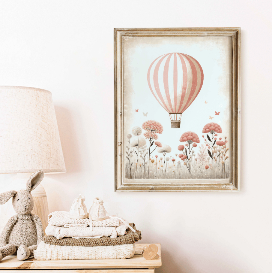 Hot Air Balloon Nursery Art, Pink Minimalist Room Decor, Vintage Design - WildfieldPrints