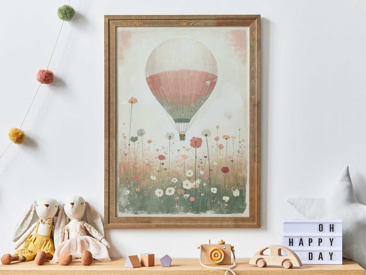 Hot Air Balloon Nursery Art, Rustic Pink Room Decor, Vintage Wall Decor - WildfieldPrints