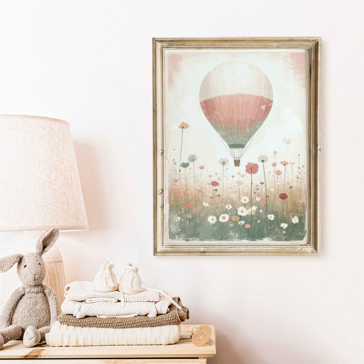 Hot Air Balloon Nursery Art, Rustic Pink Room Decor, Vintage Wall Decor - WildfieldPrints