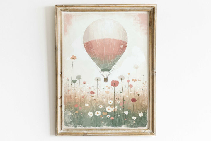Hot Air Balloon Nursery Art, Rustic Pink Room Decor, Vintage Wall Decor - WildfieldPrints