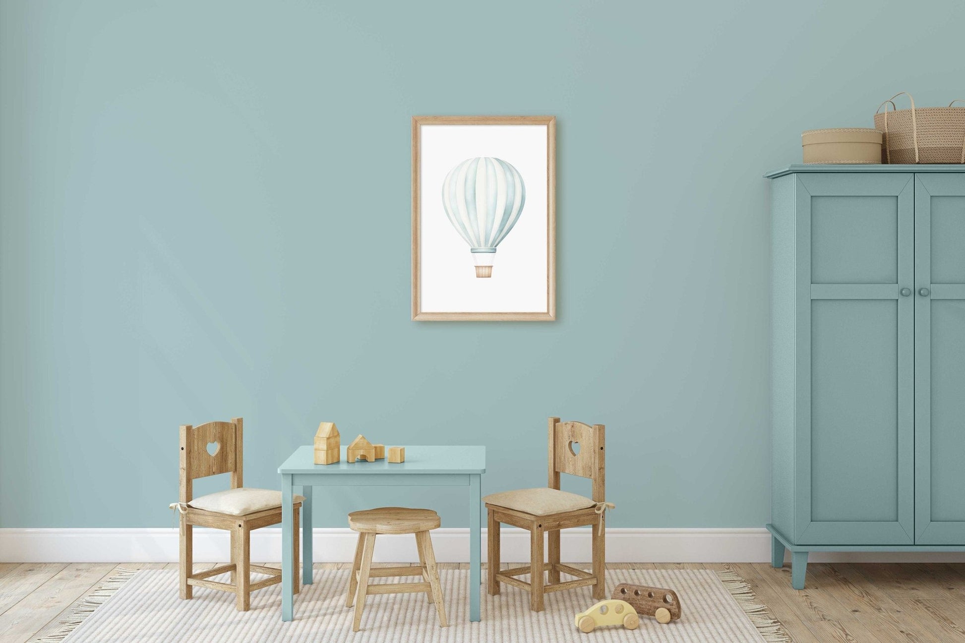 Hot Air Balloon Nursery Art, Teal Minimalist Decor for Boys Room - WildfieldPrints