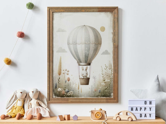 Hot Air Balloon Nursery Print, Adorable Bunny Wall Decor, Baby Gift - WildfieldPrints