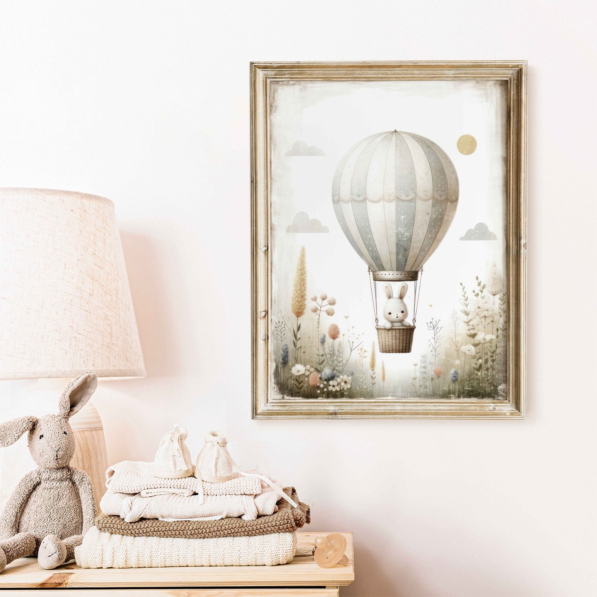 Hot Air Balloon Nursery Print, Adorable Bunny Wall Decor, Baby Gift - WildfieldPrints