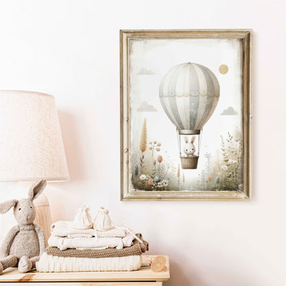 Hot Air Balloon Nursery Print, Adorable Bunny Wall Decor, Baby Gift - WildfieldPrints