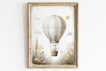 Hot Air Balloon Nursery Print, Adorable Bunny Wall Decor, Baby Gift - WildfieldPrints