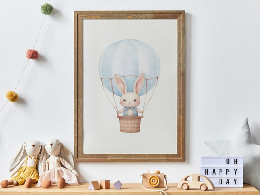 Hot Air Balloon Nursery Prints, Cute Bunny Wall Decor, Baby Shower Gift - WildfieldPrints