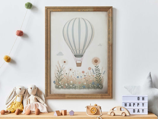 Hot Air Balloon Nursery Prints, Light - blue Wall Decor, Transportation Art - WildfieldPrints