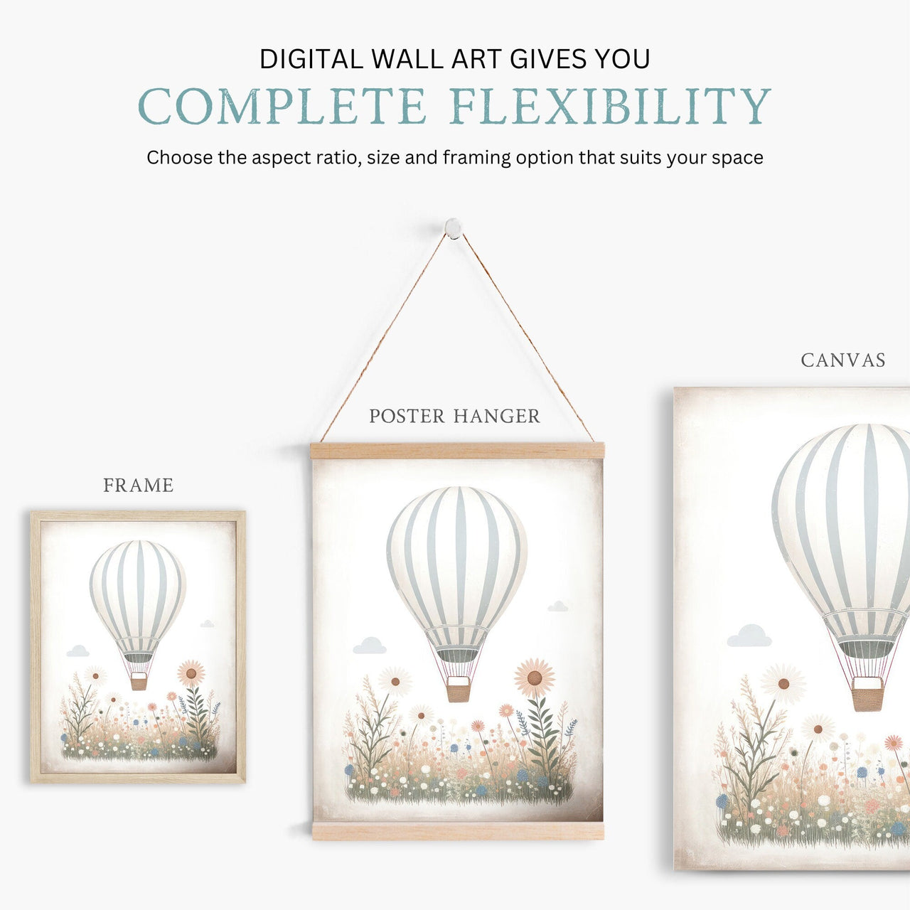 Blue - White Hot Air Balloon Wall Art – Transportation Nursery Print
