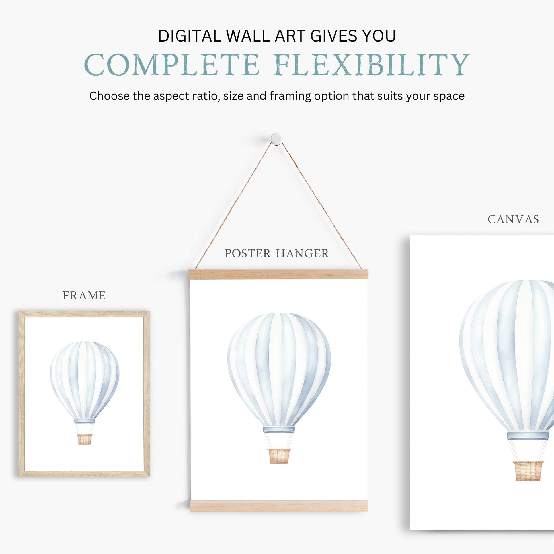 Hot Air Balloon Nursery Prints, Light - blue Wall Decor, Transportation Art - WildfieldPrints
