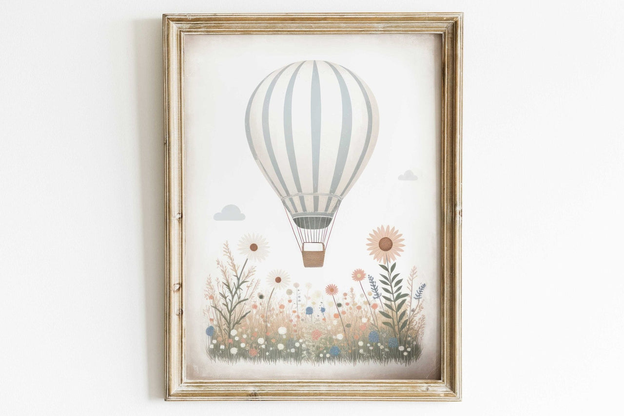Blue - White Hot Air Balloon Wall Art – Transportation Nursery Print