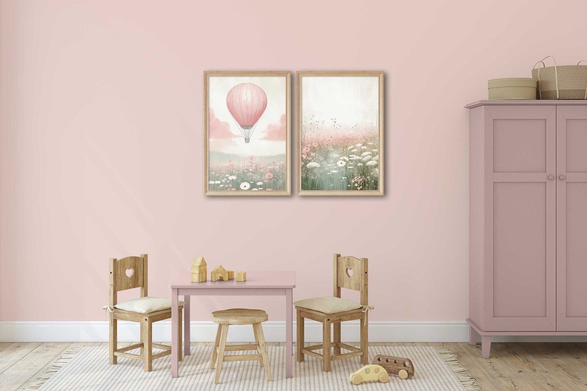 Hot Air Balloon Nursery Prints, Pink Wildflower Wall Decor, Girls Room Art - WildfieldPrints