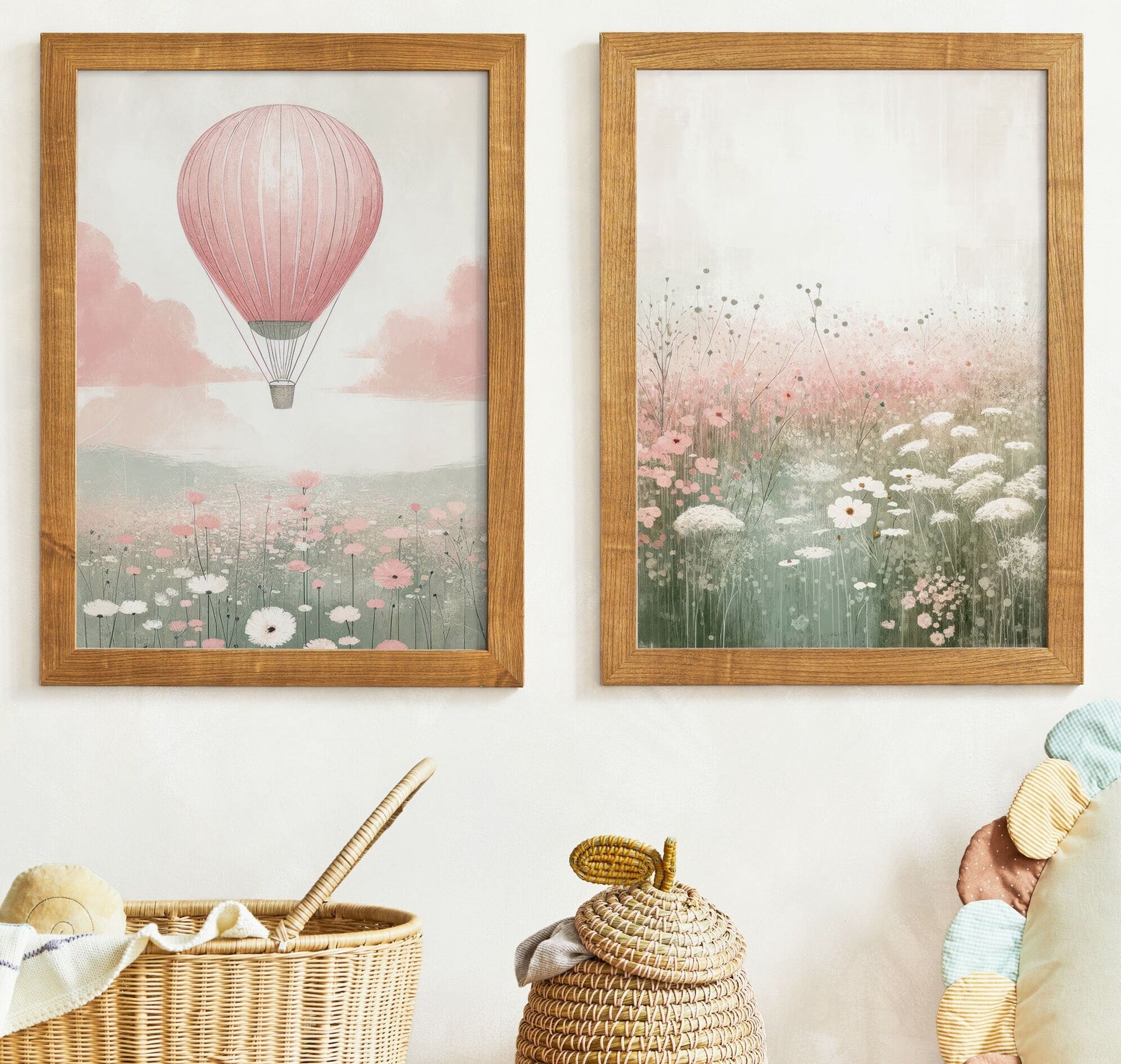 Hot Air Balloon Nursery Prints, Pink Wildflower Wall Decor, Girls Room Art - WildfieldPrints