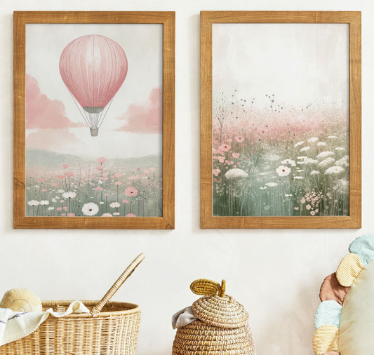 Hot Air Balloon Nursery Prints, Pink Wildflower Wall Decor, Girls Room Art - WildfieldPrints
