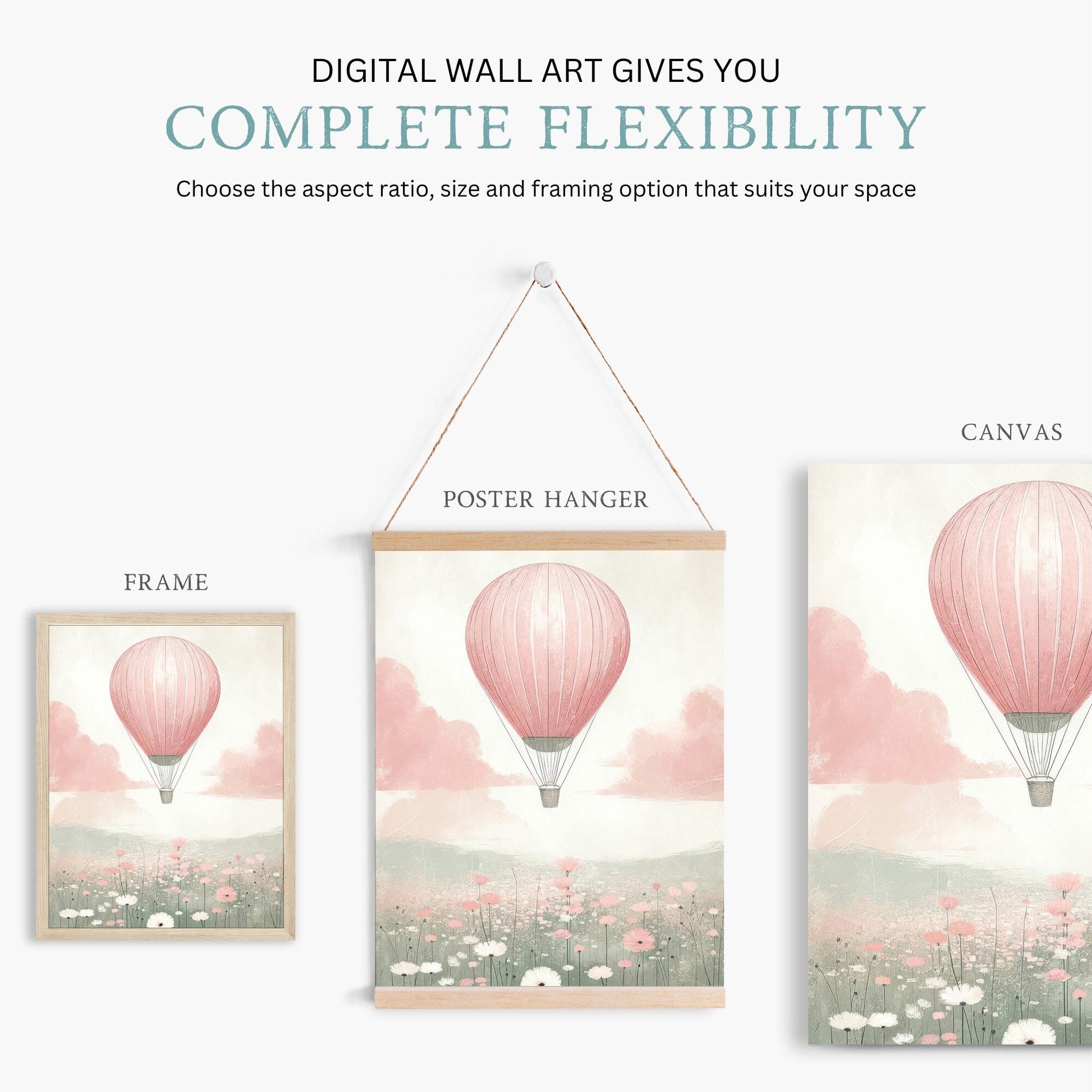Hot Air Balloon Nursery Prints, Pink Wildflower Wall Decor, Girls Room Art - WildfieldPrints