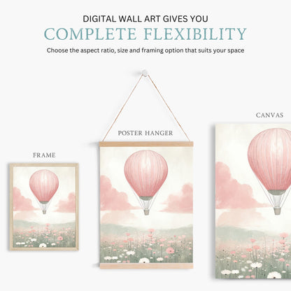 Hot Air Balloon Nursery Prints, Pink Wildflower Wall Decor, Girls Room Art - WildfieldPrints