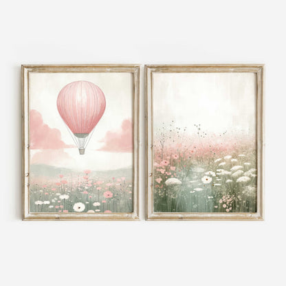 Hot Air Balloon Nursery Prints, Pink Wildflower Wall Decor, Girls Room Art - WildfieldPrints