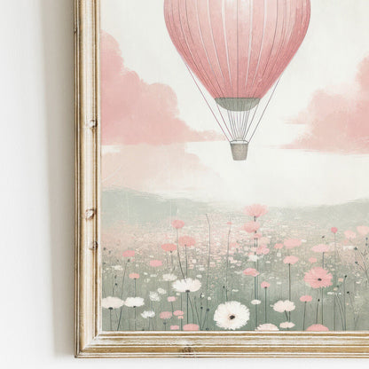 Hot Air Balloon Nursery Prints, Pink Wildflower Wall Decor, Girls Room Art - WildfieldPrints