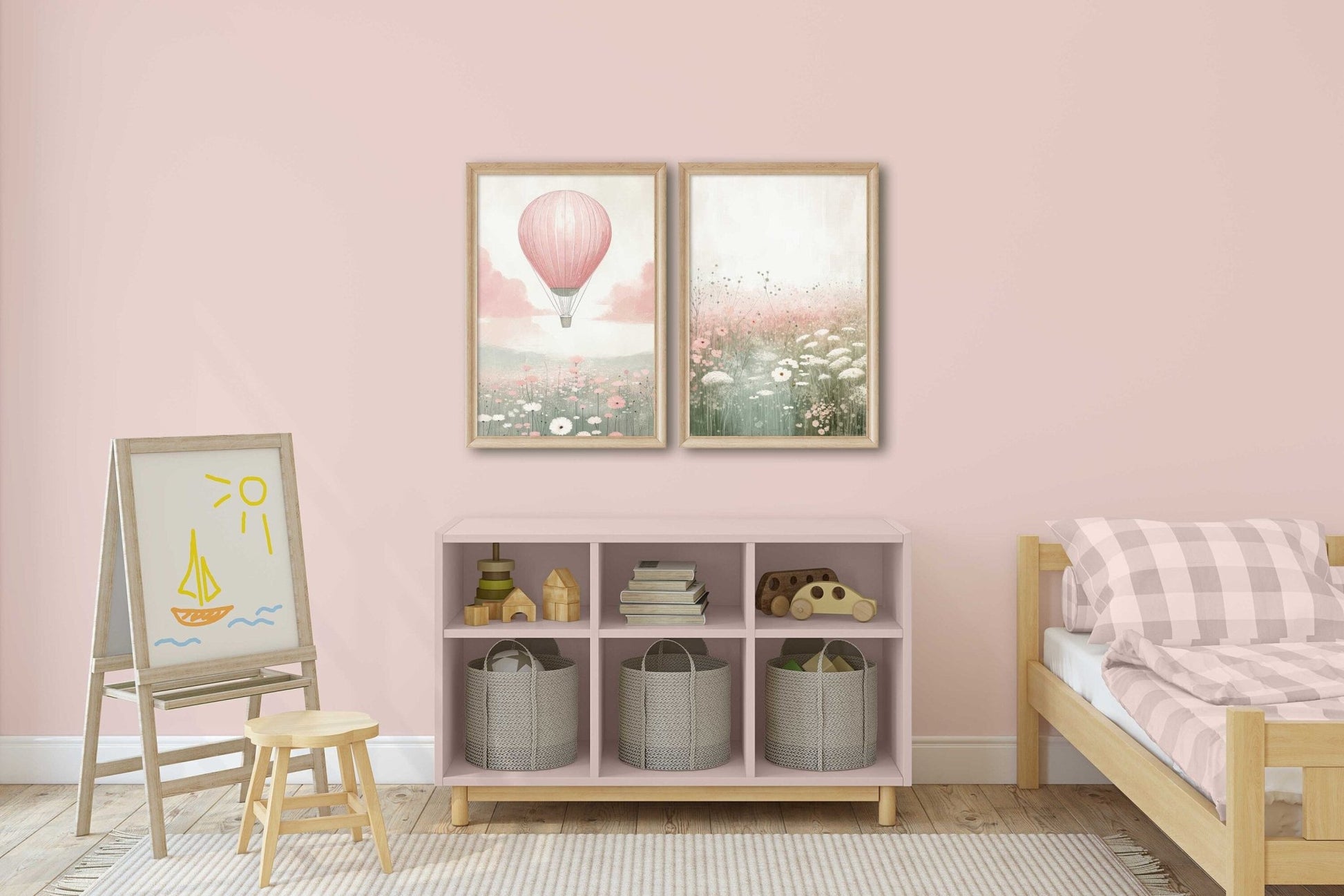 Hot Air Balloon Nursery Prints, Pink Wildflower Wall Decor, Girls Room Art - WildfieldPrints