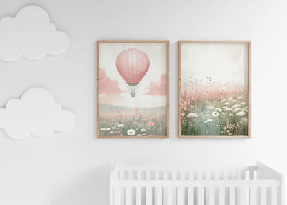 Hot Air Balloon Nursery Prints, Pink Wildflower Wall Decor, Girls Room Art - WildfieldPrints