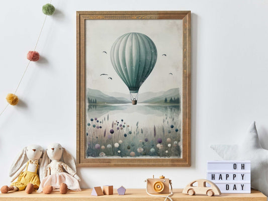 Hot Air Balloon Nursery Prints, Teal Room Decor, Landscape Art - WildfieldPrints