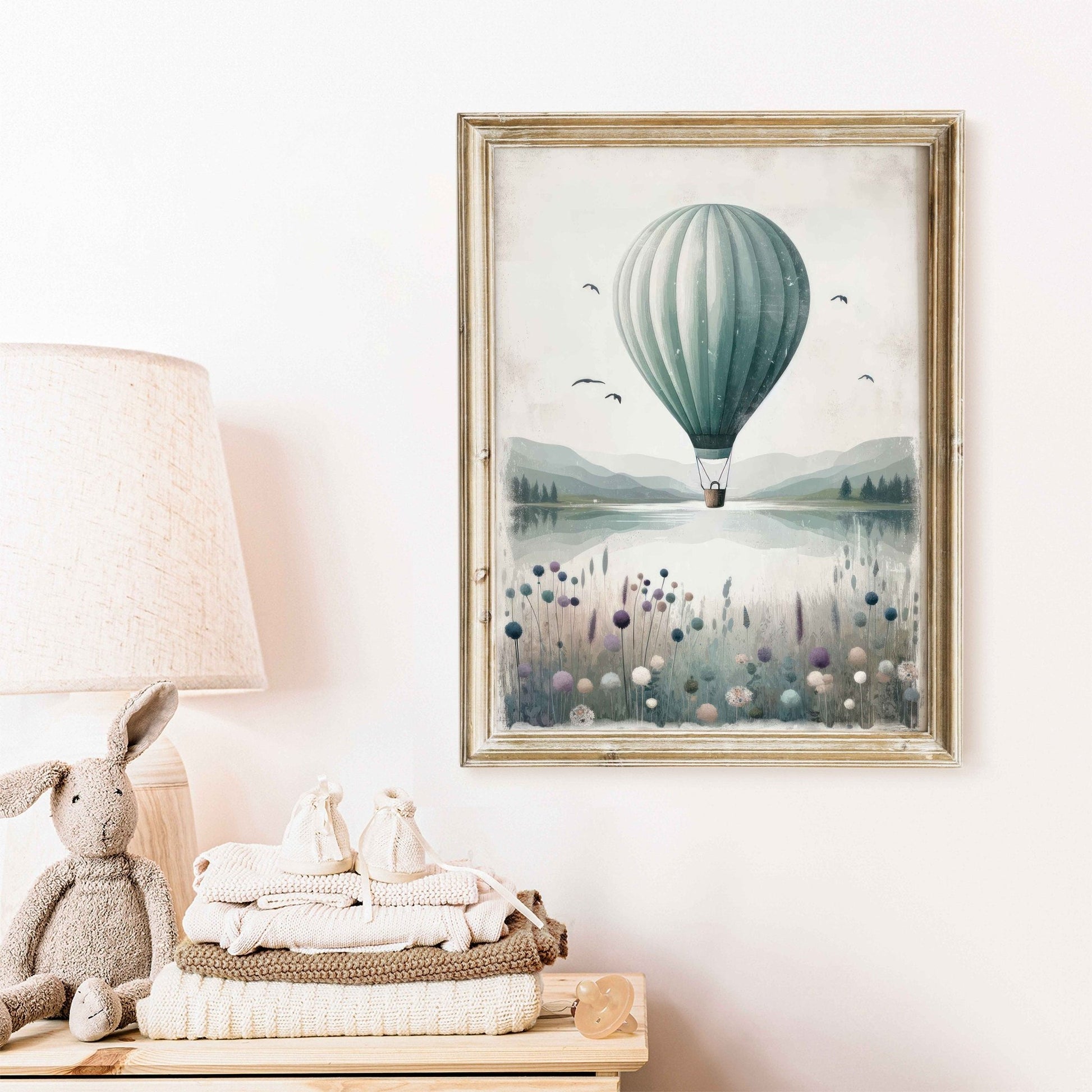 Hot Air Balloon Nursery Prints, Teal Room Decor, Landscape Art - WildfieldPrints