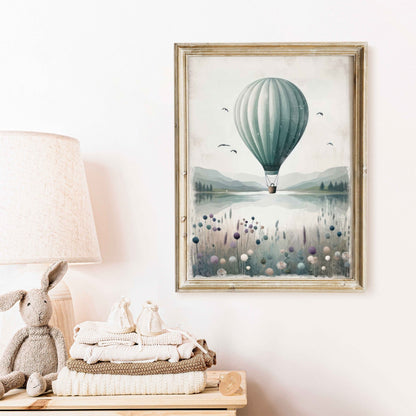 Hot Air Balloon Nursery Prints, Teal Room Decor, Landscape Art - WildfieldPrints