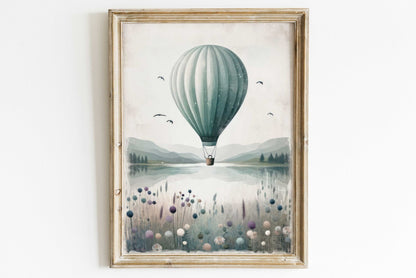 Hot Air Balloon Nursery Prints, Teal Room Decor, Landscape Art - WildfieldPrints