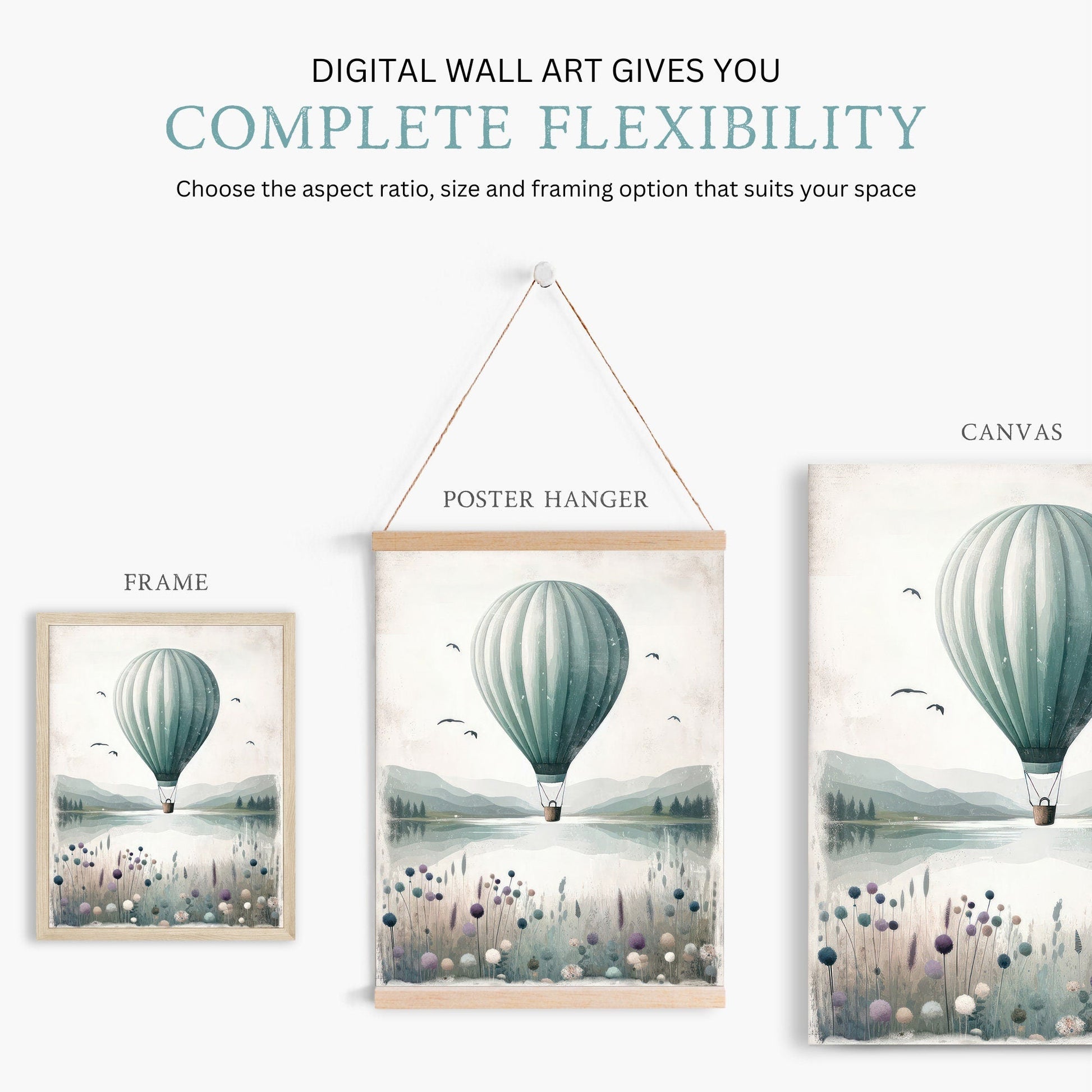 Hot Air Balloon Nursery Prints, Teal Room Decor, Landscape Art - WildfieldPrints