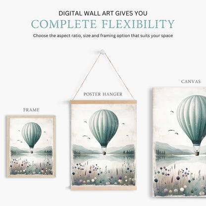 Hot Air Balloon Nursery Prints, Teal Room Decor, Landscape Art - WildfieldPrints