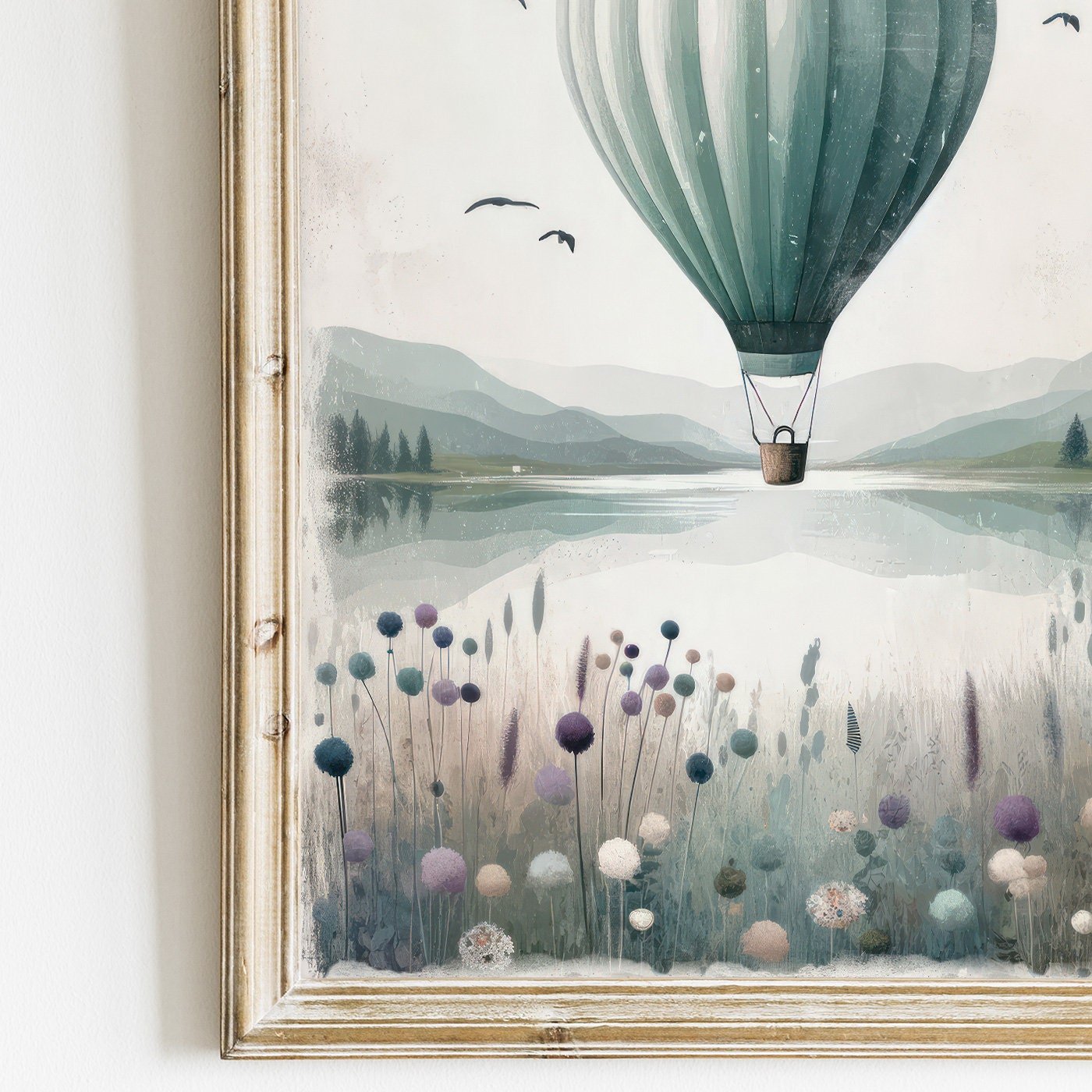 Hot Air Balloon Nursery Prints, Teal Room Decor, Landscape Art - WildfieldPrints