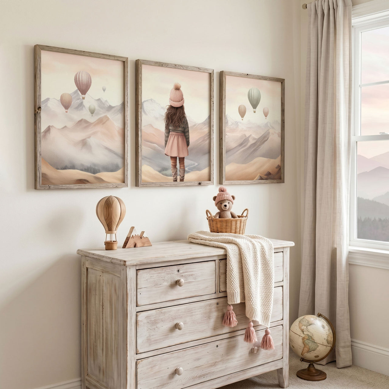 Hot Air Balloon Wall Art – Adventure Nursery Print • Set of 3
