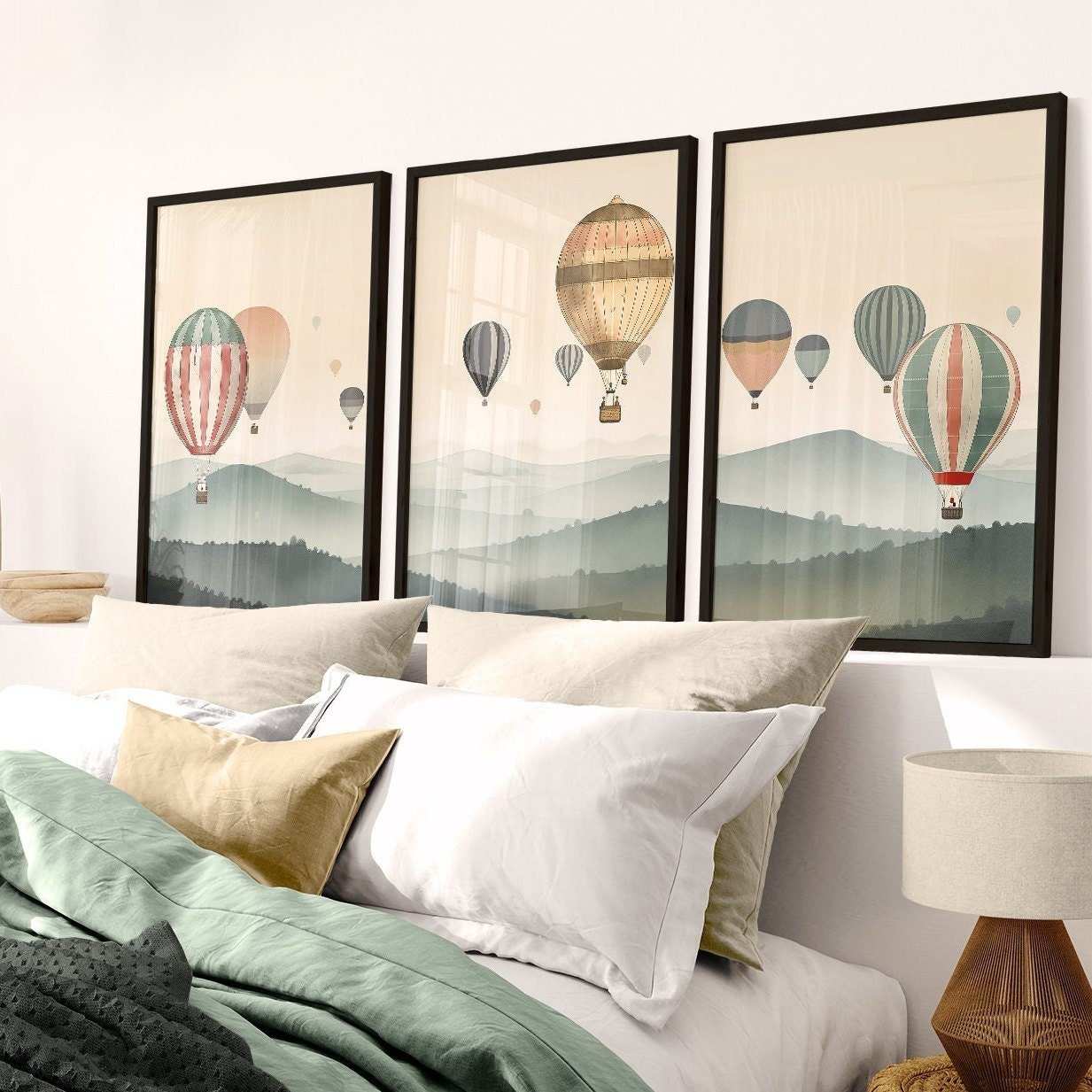 Hot Air Balloon Wall Art – Landscape Living Room Decor • Set of 3