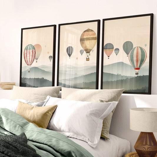Hot Air Balloon Wall Art, Vintage Home Decor, Landscape Print - WildfieldPrints