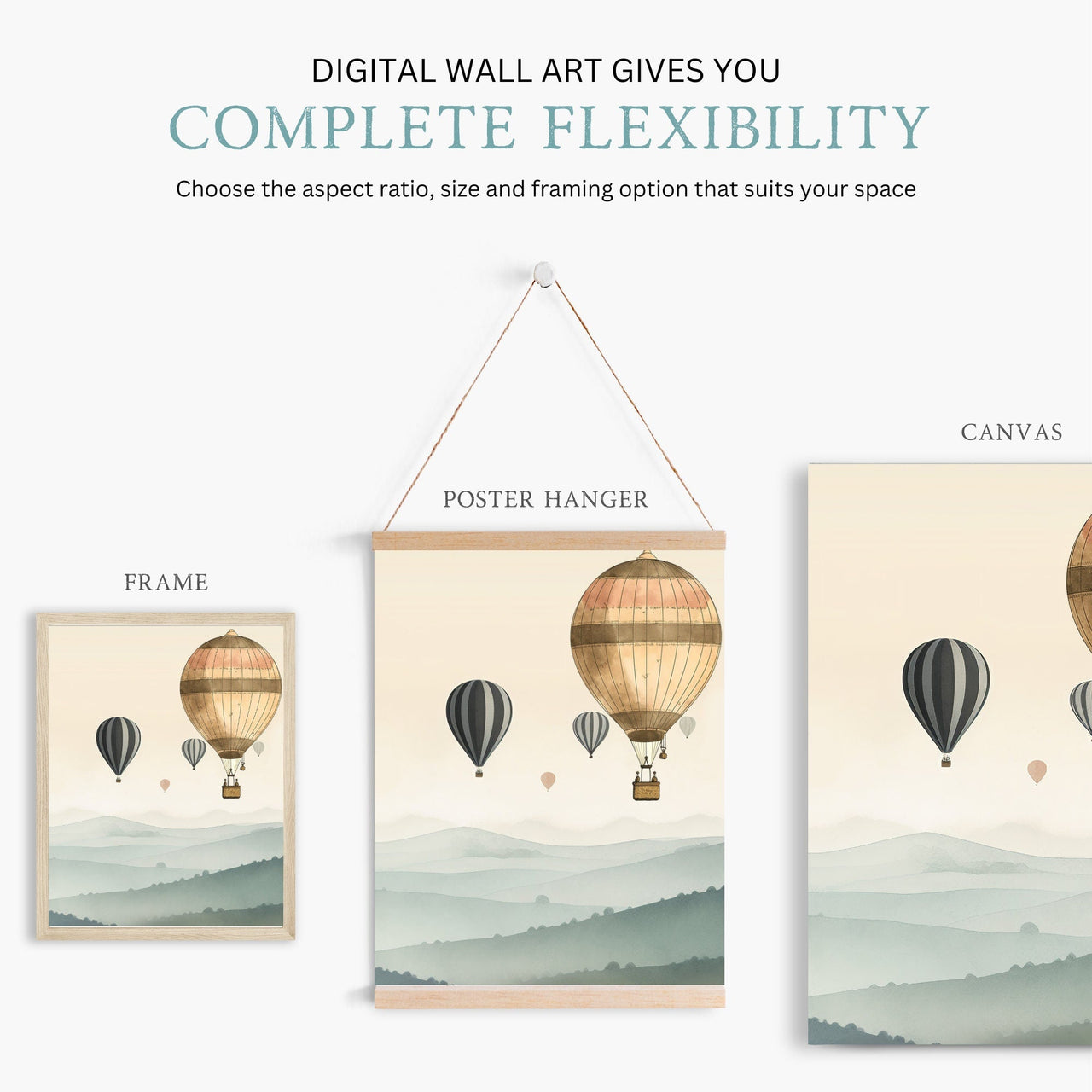 Hot Air Balloon Wall Art – Landscape Living Room Decor • Set of 3