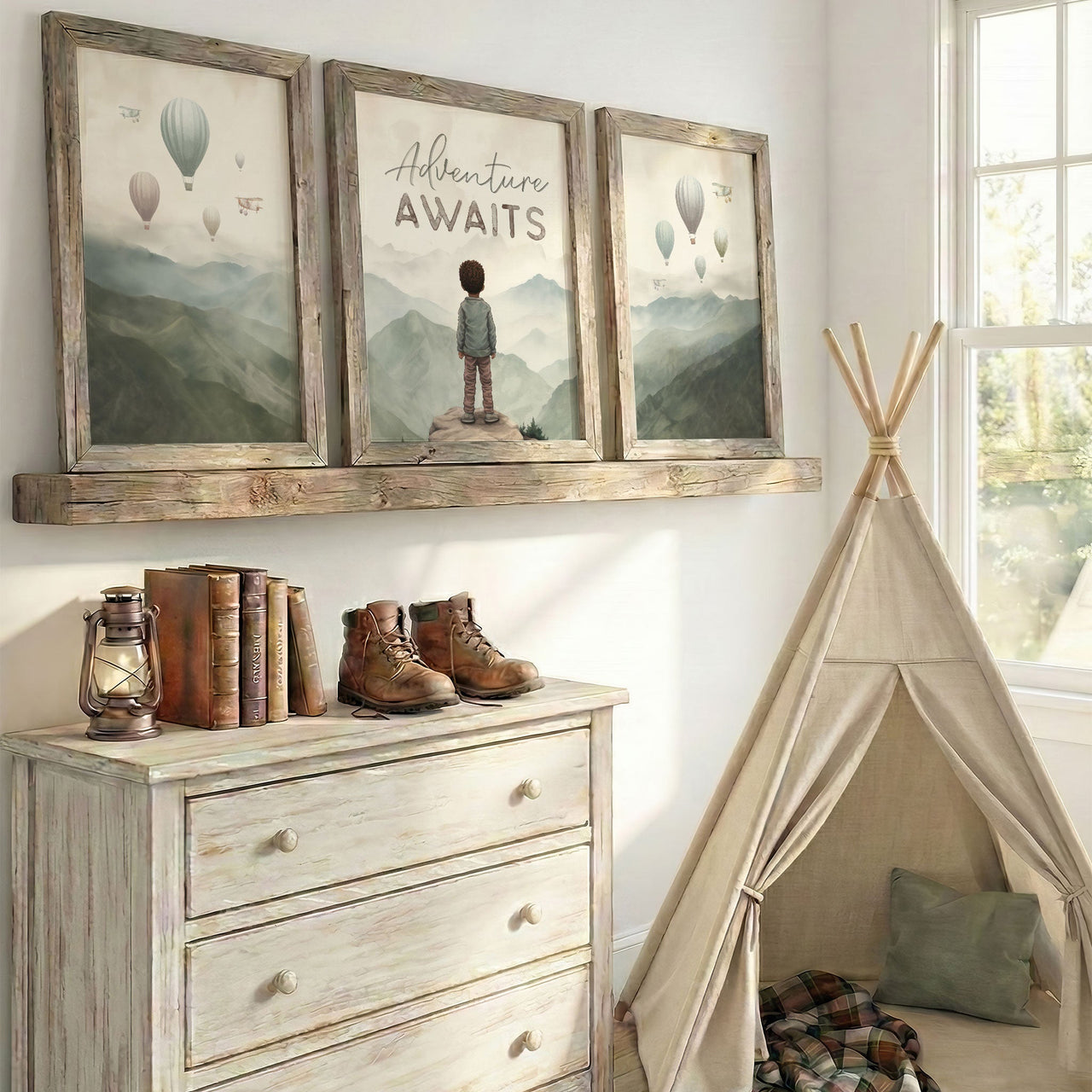 Hot Air Balloon Wall Decor – 'Adventure Awaits' Boys Room Print • Set of 3