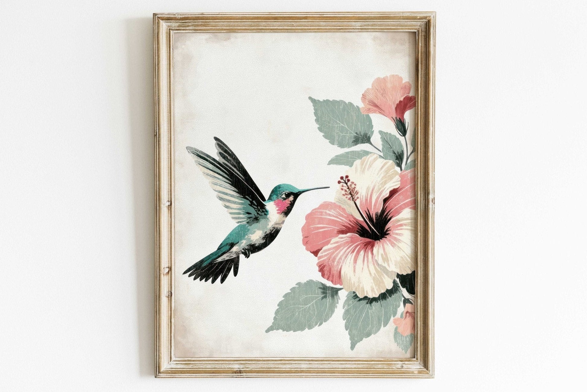 Hummingbird Wall Art, Vintage Bird Decor, Hibiscus Floral Design - WildfieldPrints