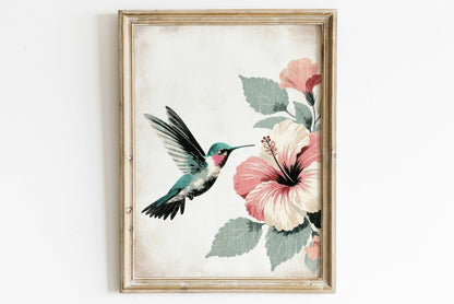 Hummingbird Wall Art, Vintage Bird Decor, Hibiscus Floral Design - WildfieldPrints