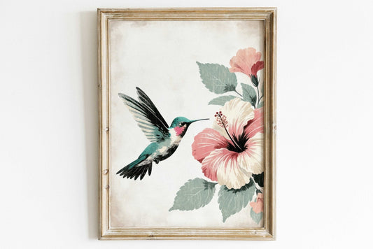 Hummingbird Wall Art, Vintage Bird Decor, Hibiscus Floral Design - WildfieldPrints