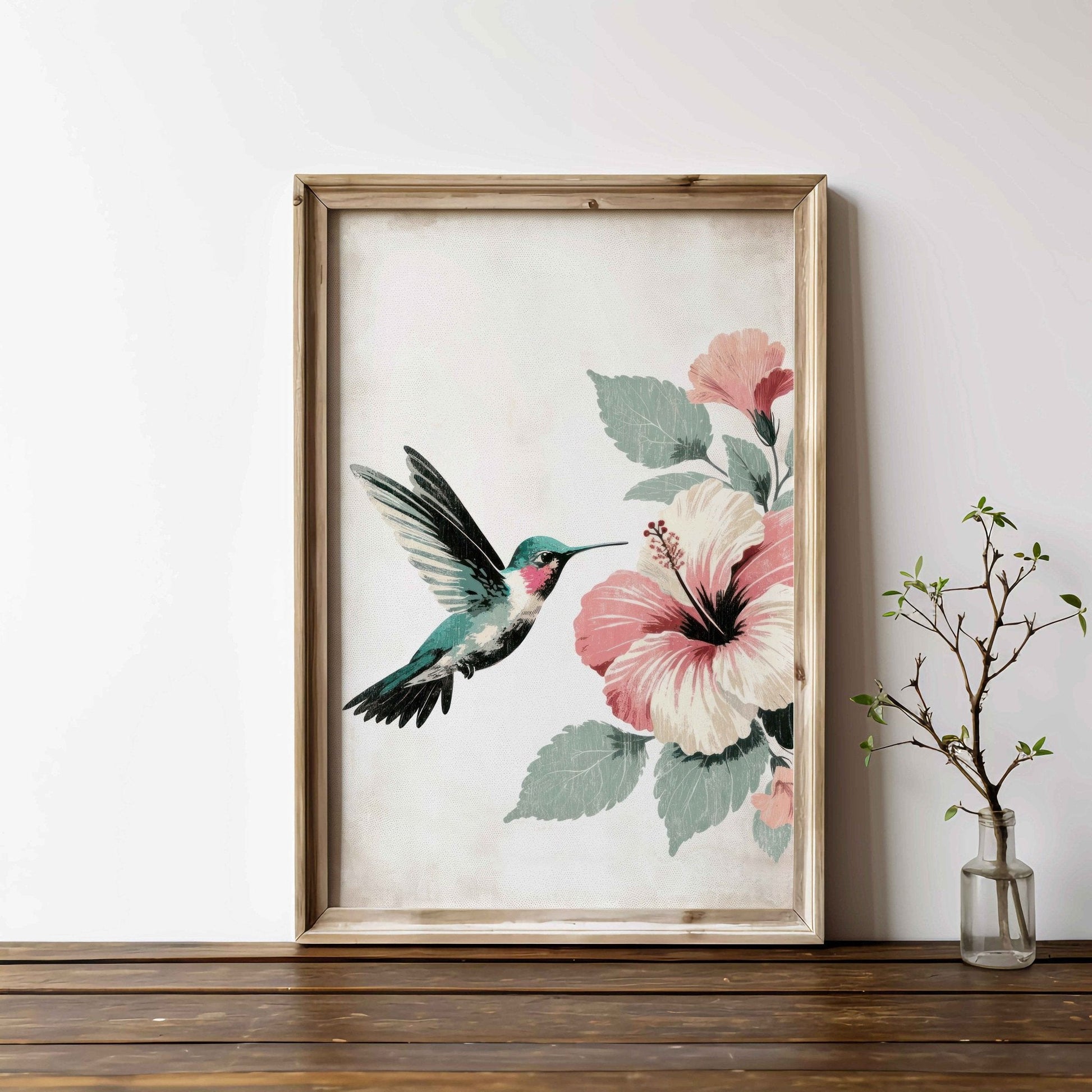 Hummingbird Wall Art, Vintage Bird Decor, Hibiscus Floral Design - WildfieldPrints