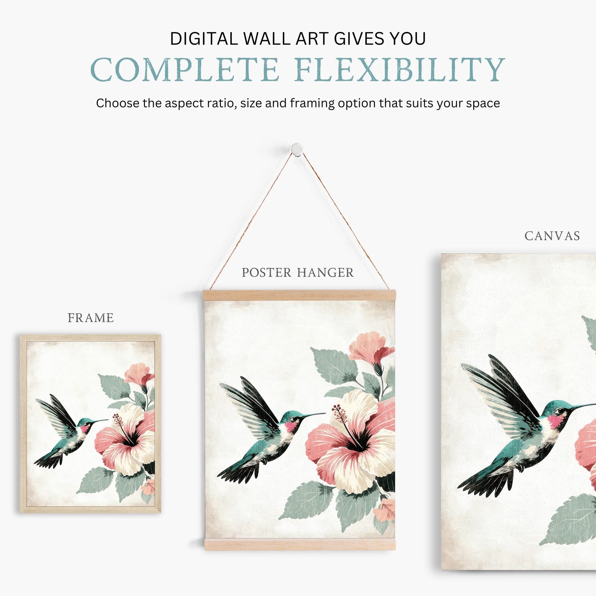 Hummingbird Wall Art, Vintage Bird Decor, Hibiscus Floral Design - WildfieldPrints