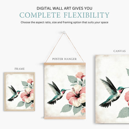 Hummingbird Wall Art, Vintage Bird Decor, Hibiscus Floral Design - WildfieldPrints