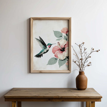 Hummingbird Wall Art, Vintage Bird Decor, Hibiscus Floral Design - WildfieldPrints