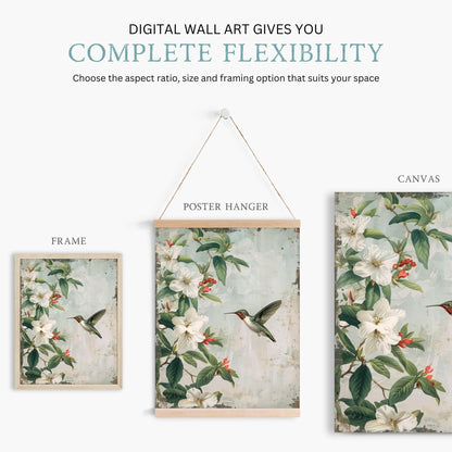 Hummingbird Wall Art, Vintage Bird Painting, Magnolia Home Decor - WildfieldPrints
