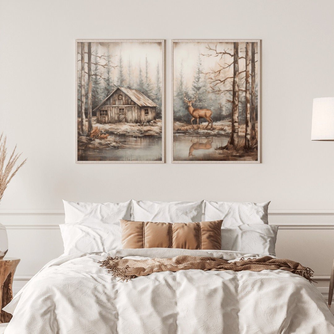 Deer Wall Art – Forest Cabin Print for Dad's Room • Set of 2