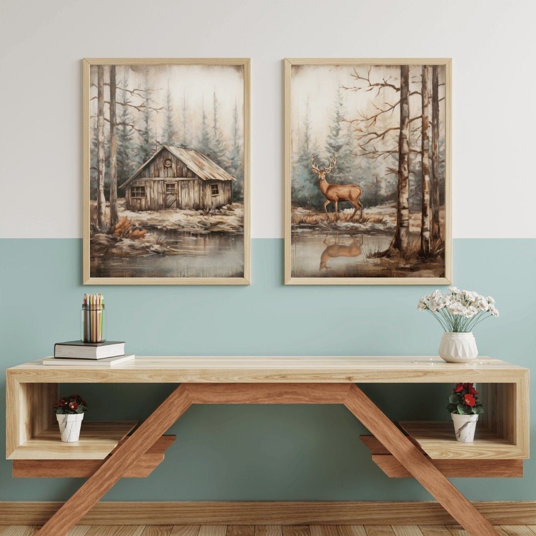 Deer Wall Art – Forest Cabin Print for Dad's Room • Set of 2