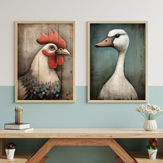 Vintage Farm Animal Prints, Rooster & Goose Prints, Set of 2, Farmhouse Style Decor, Country Style Wall Art, Digital Printable Wall Art